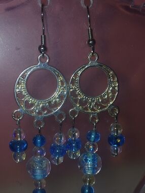 Hand Crafred Blue Beaded Dangle Earrings